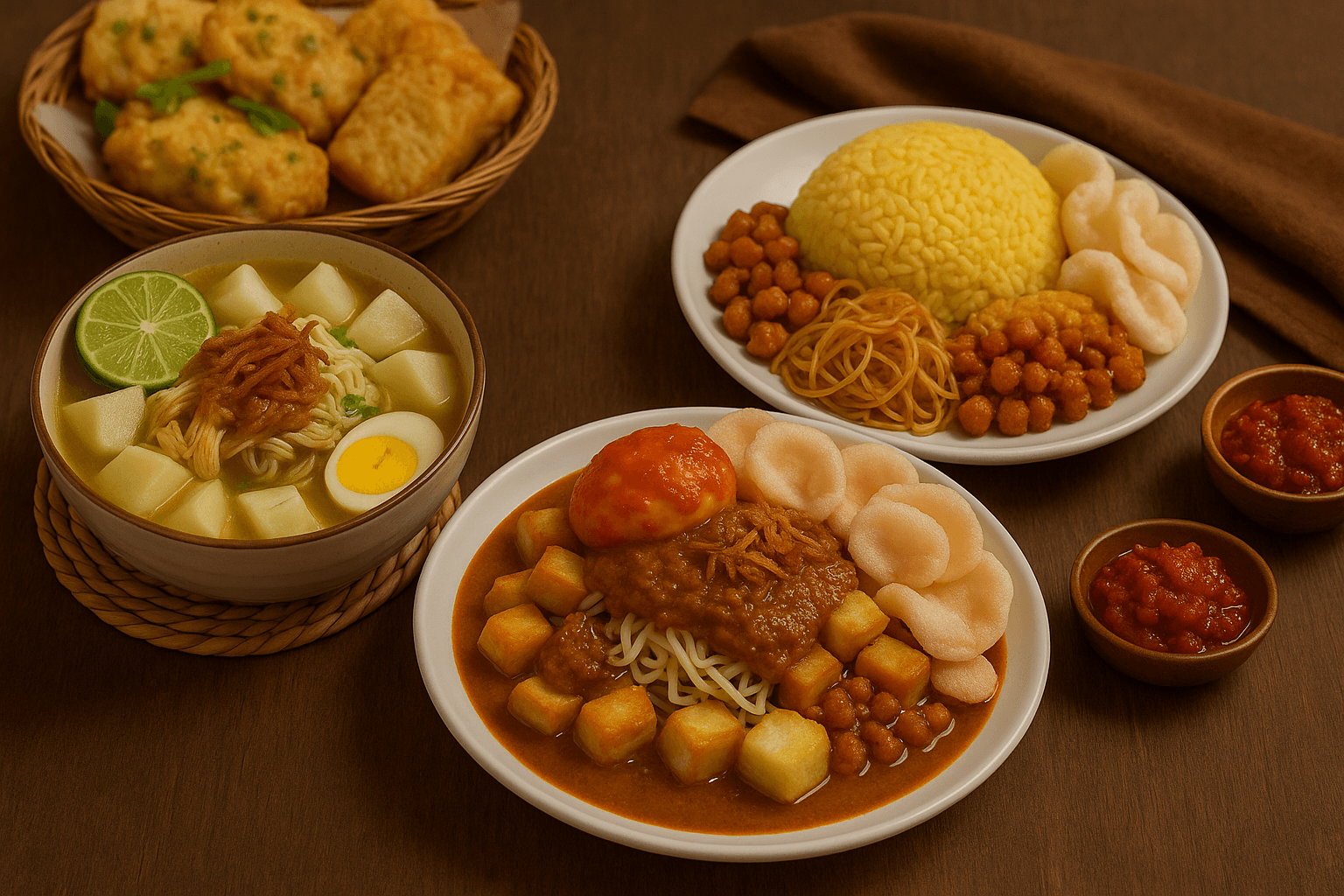 Hidangan sarapan Indonesia autentik seperti nasi uduk, kupat tahu, dan soto